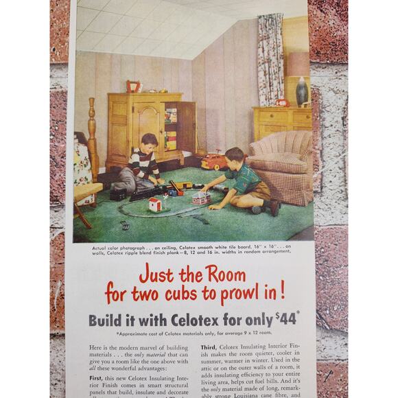 1950 Celotex Boys Playing with Train Set on Remodeled Attic Floor Vtg Print Ad - Picture 1 of 6